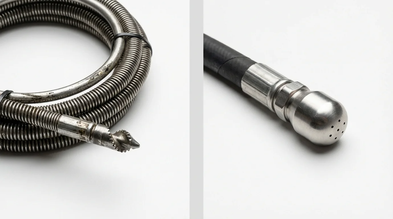 Drain snake cable and hydro jetting nozzle used for drain cleaning in Farmington, CT