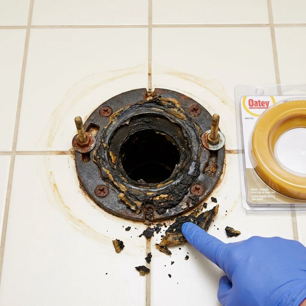 Failed wax ring showing water seepage at the base of a toilet in a Farmington, CT home