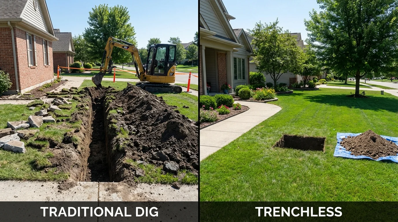 Trenchless sewer repair with minimal yard damage versus traditional excavation in Farmington, CT
